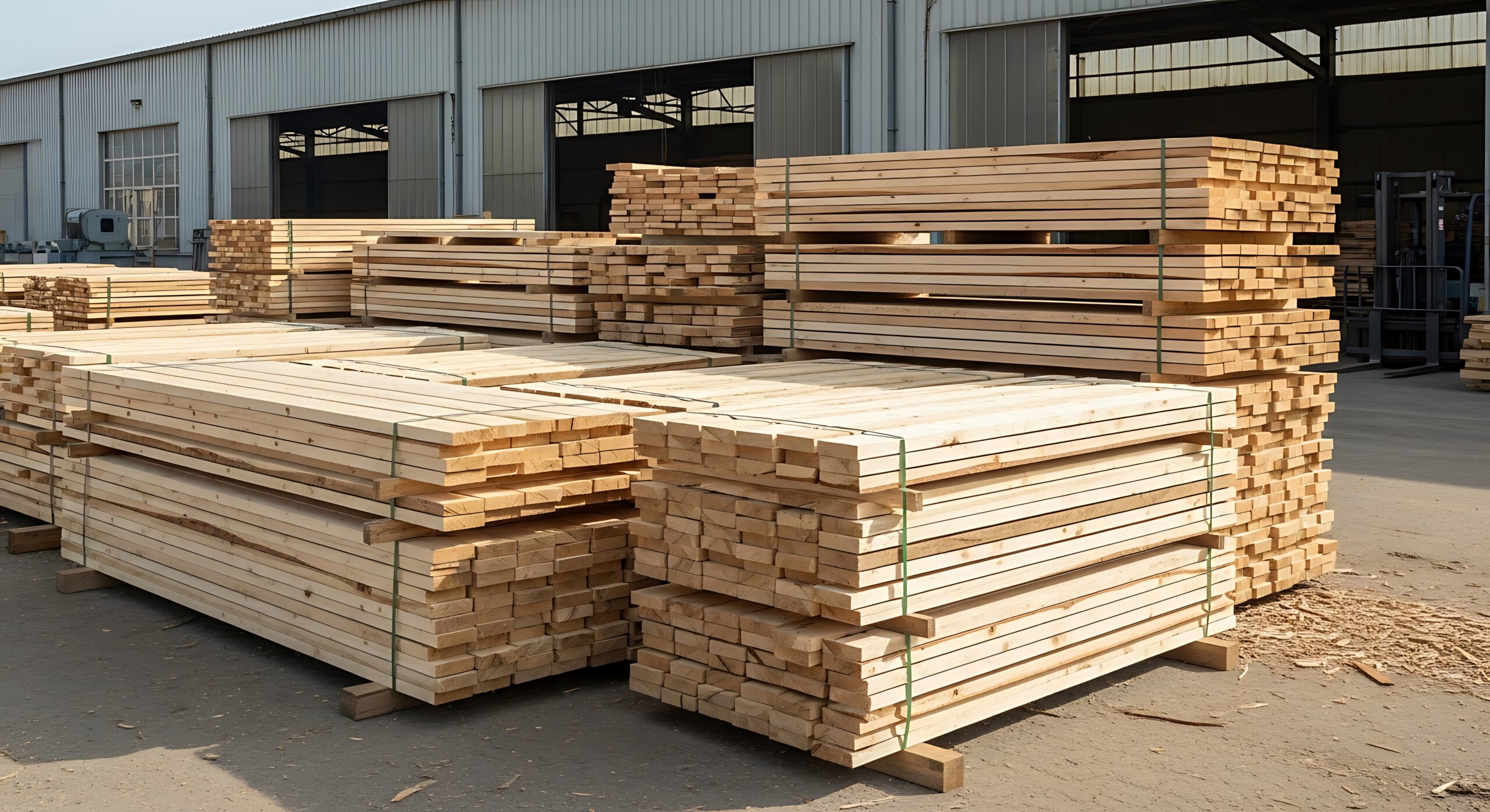A pile of processed timber planks stacked neatly on top of each other, showing smooth, even cuts and uniform lengths, ready for use.